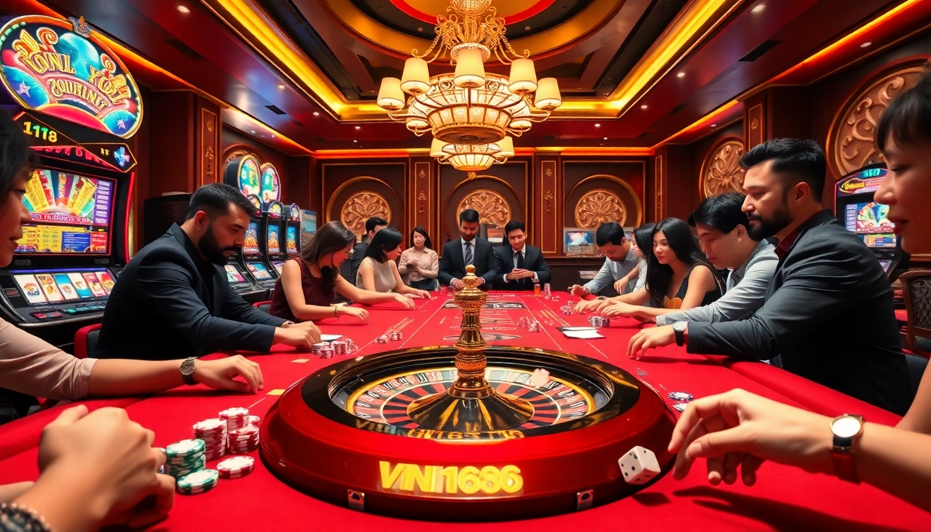 Action-packed casino scene showcasing vn168 excitement with poker chips, cards, and roulette.