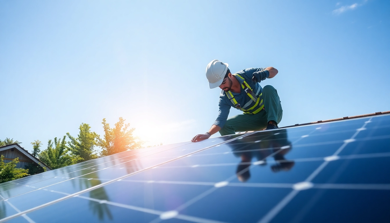 Installers installing solar panels for renewable energy solutions on a sunny rooftop.