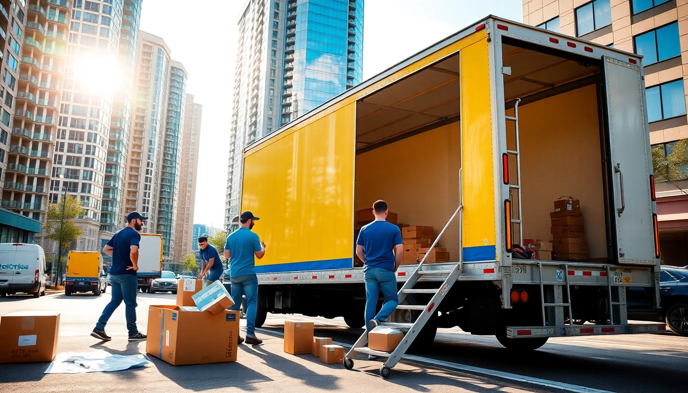 Movers in Edmonton efficiently organizing belongings while loading moving companies edmonton truck in an urban environment.