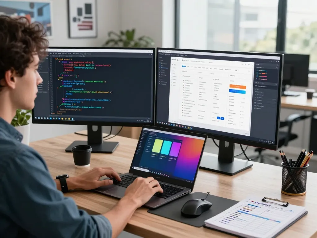 Developer using 谷歌浏览器 in a modern tech workspace with dual monitors for coding and design.