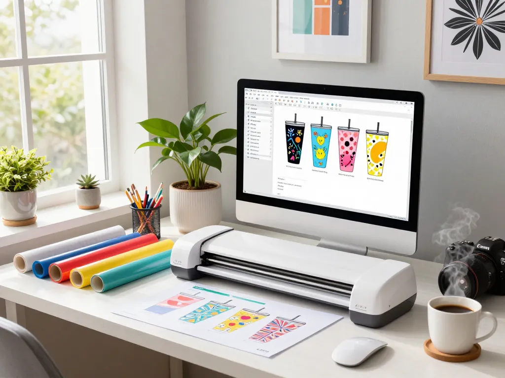 Designer creating unique tumbler designs with SVG bundle in a cozy home office.