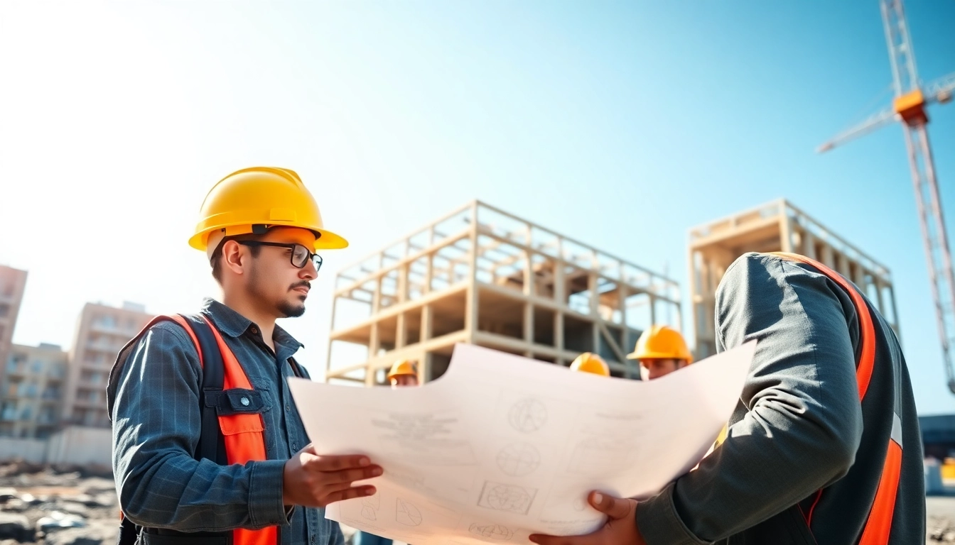 New York Commercial General Contractor reviewing blueprints on a bustling construction site.