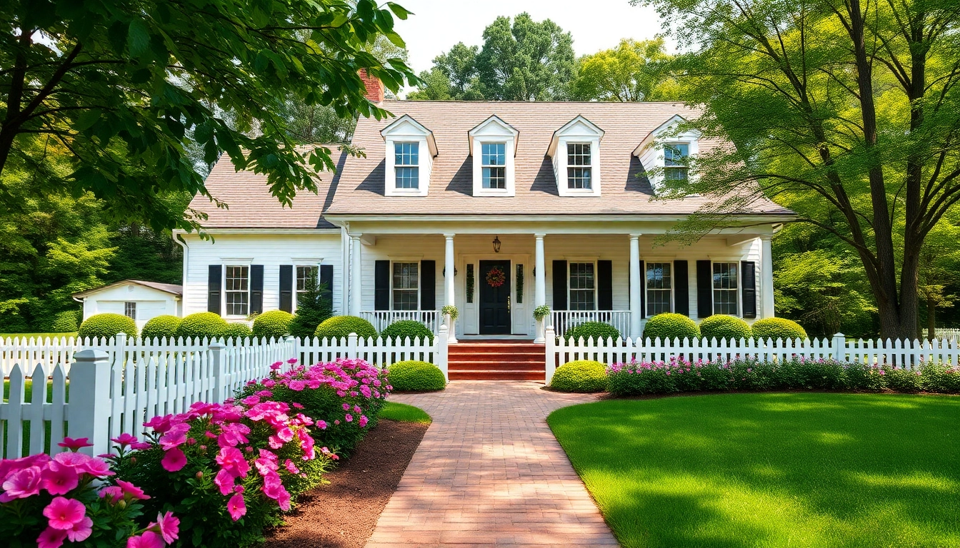 Showcase of colonial home new build construction with classic architecture in a lush garden.
