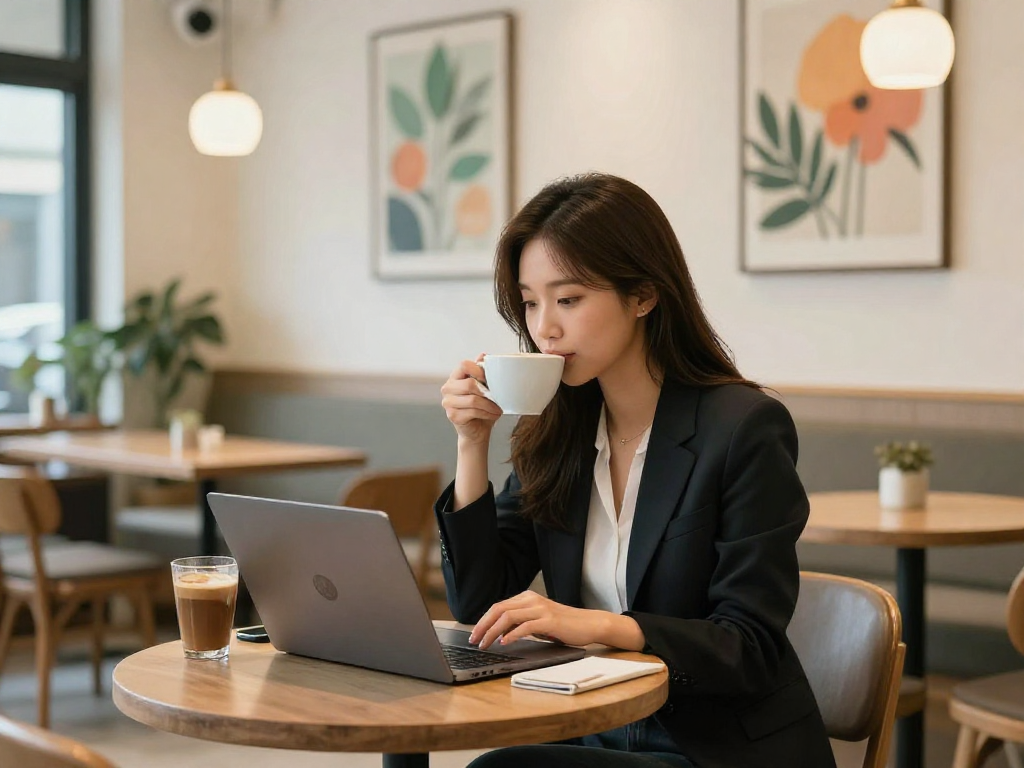 강남쩜오에서 편안하게 커피를 즐기며 작업하는 모습