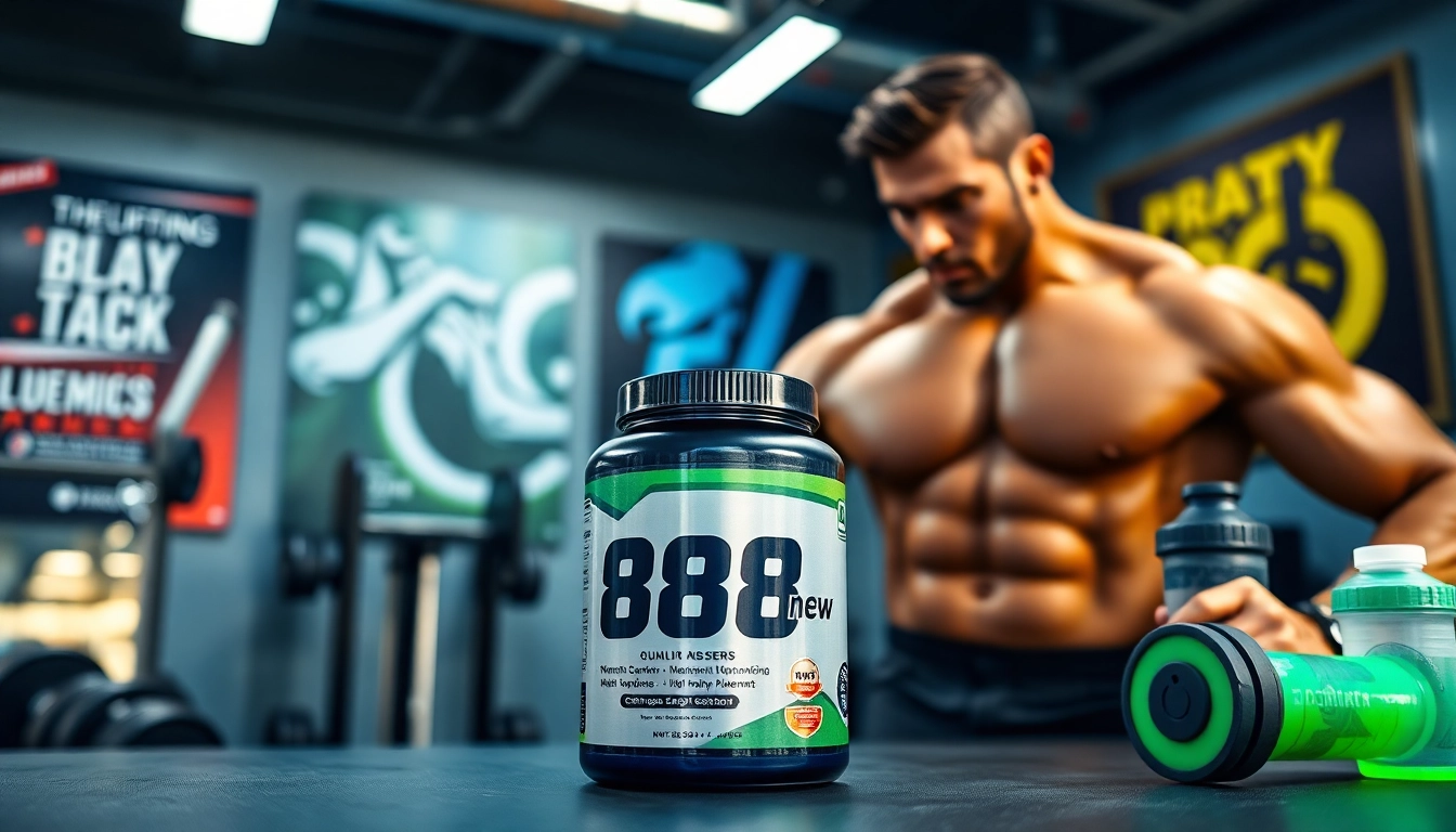 Engaging fitness scene with bodybuilder utilizing 888new supplements in a vibrant gym.