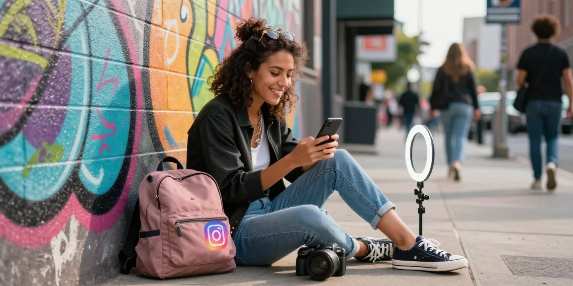 Engaging influencer promoting ways to buy cheap Instagram followers in urban setting.
