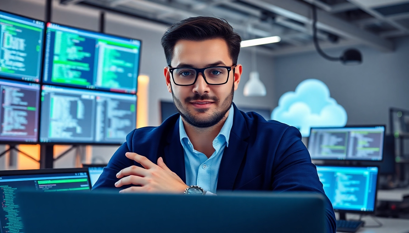 Implementing PowerShell automation for IT compliance in a modern office setting with multiple displays.