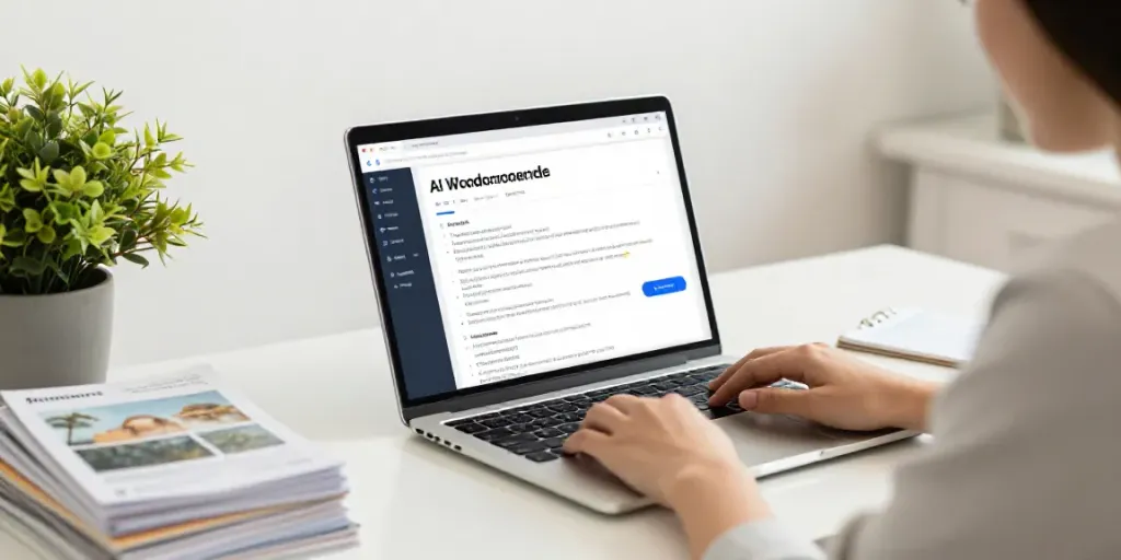AI WooCommerce product descriptions generator showcased in a modern workspace with a content creator.