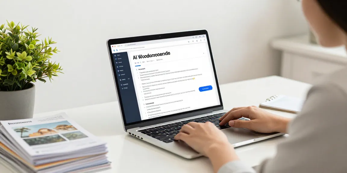 AI WooCommerce product descriptions generator showcased in a modern workspace with a content creator.