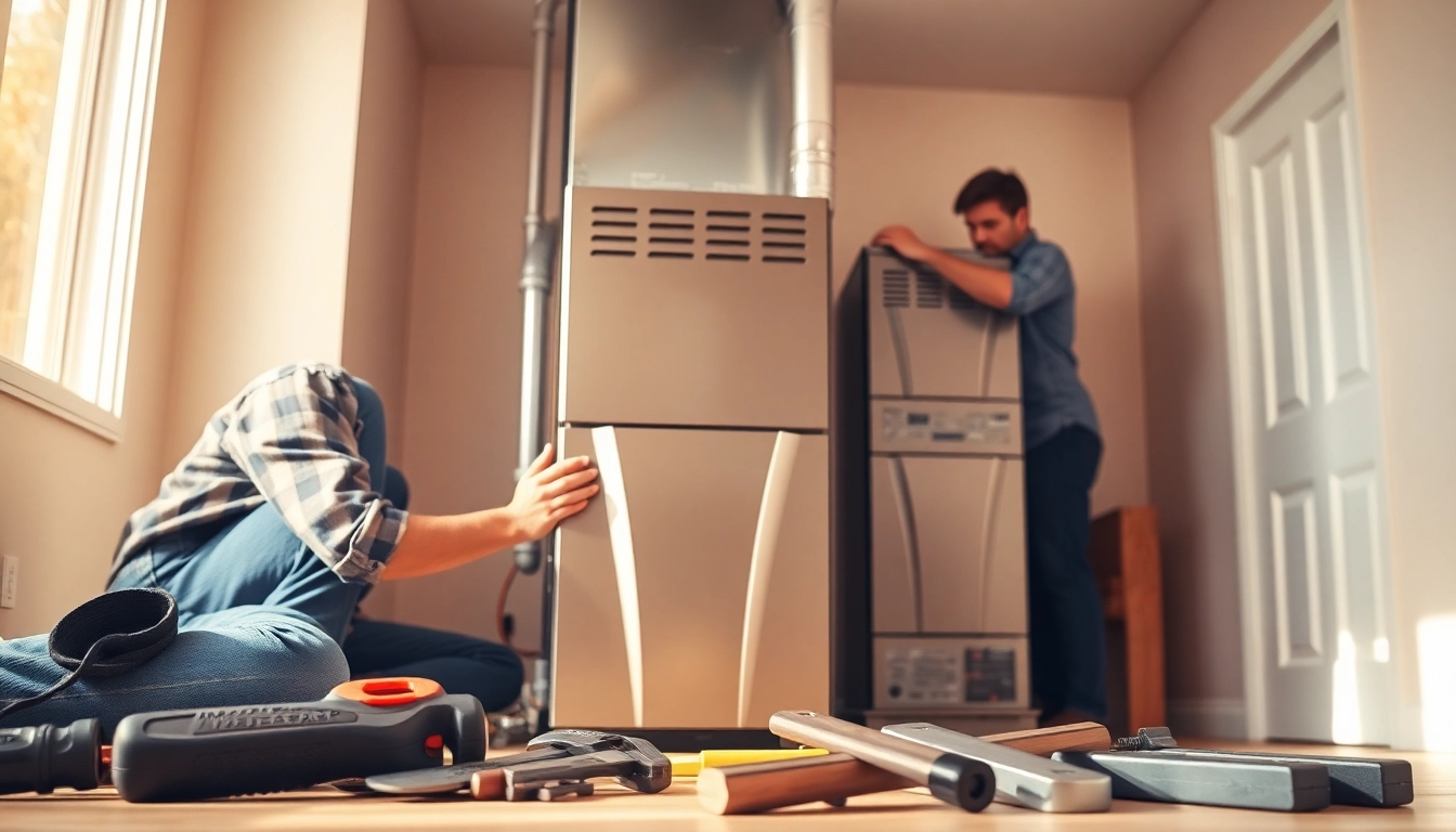 An expert technician installs an american standard furnace in a well-lit home utility room.