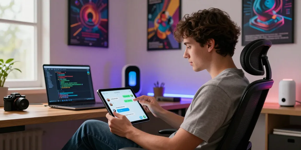 Engaging user interacting with a nsfw chat bot at a modern workspace, featuring dynamic conversations and vibrant tech ambiance.