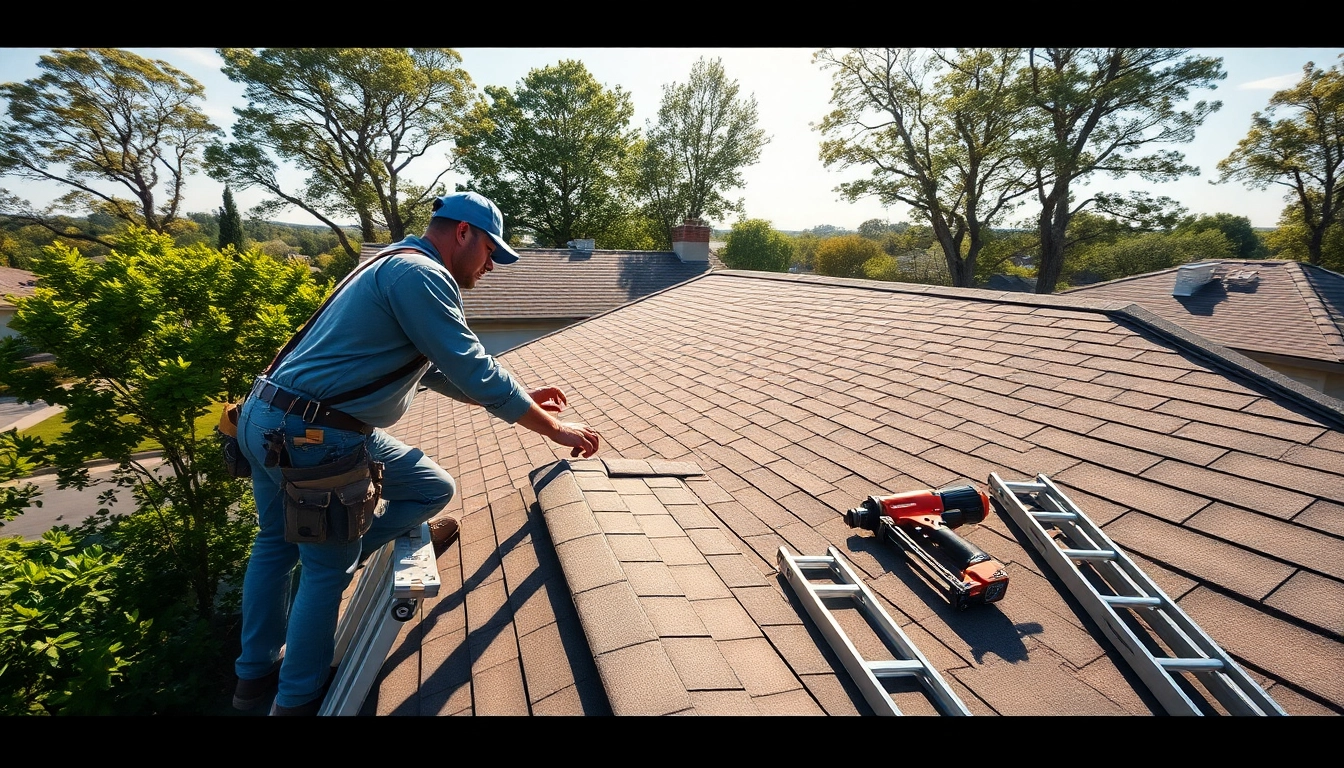 Professional roofing contractor installing shingles on a home roof.
