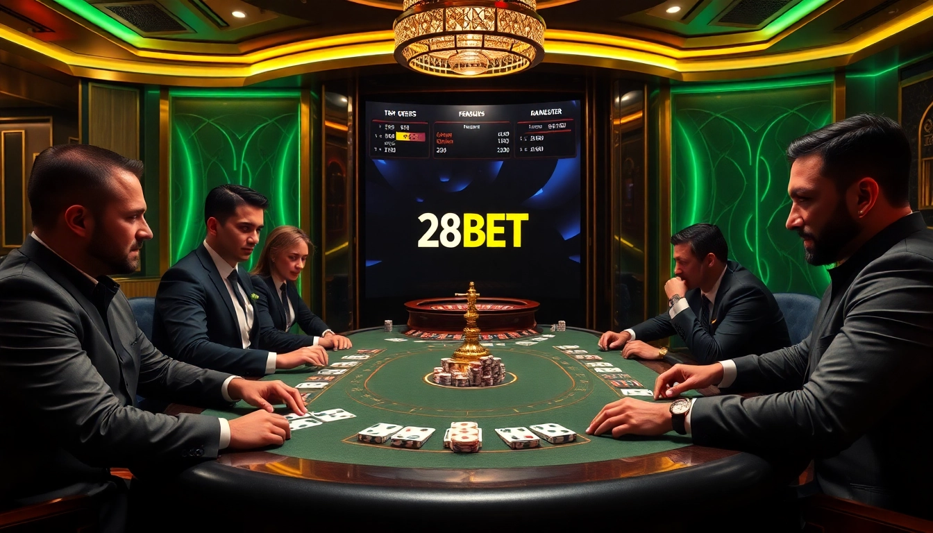 Intense poker action at a luxurious casino table featuring 28BET branding and vibrant chips