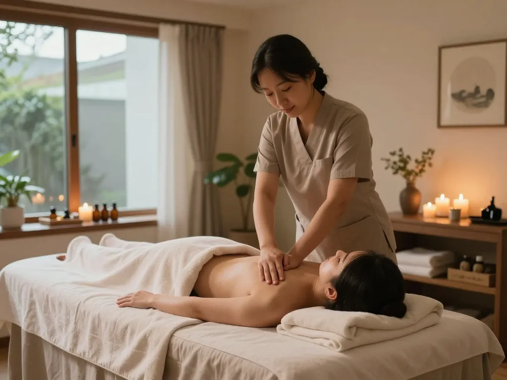 Relaxing moment of a 잠실스웨디시 massage therapy session in a tranquil spa.