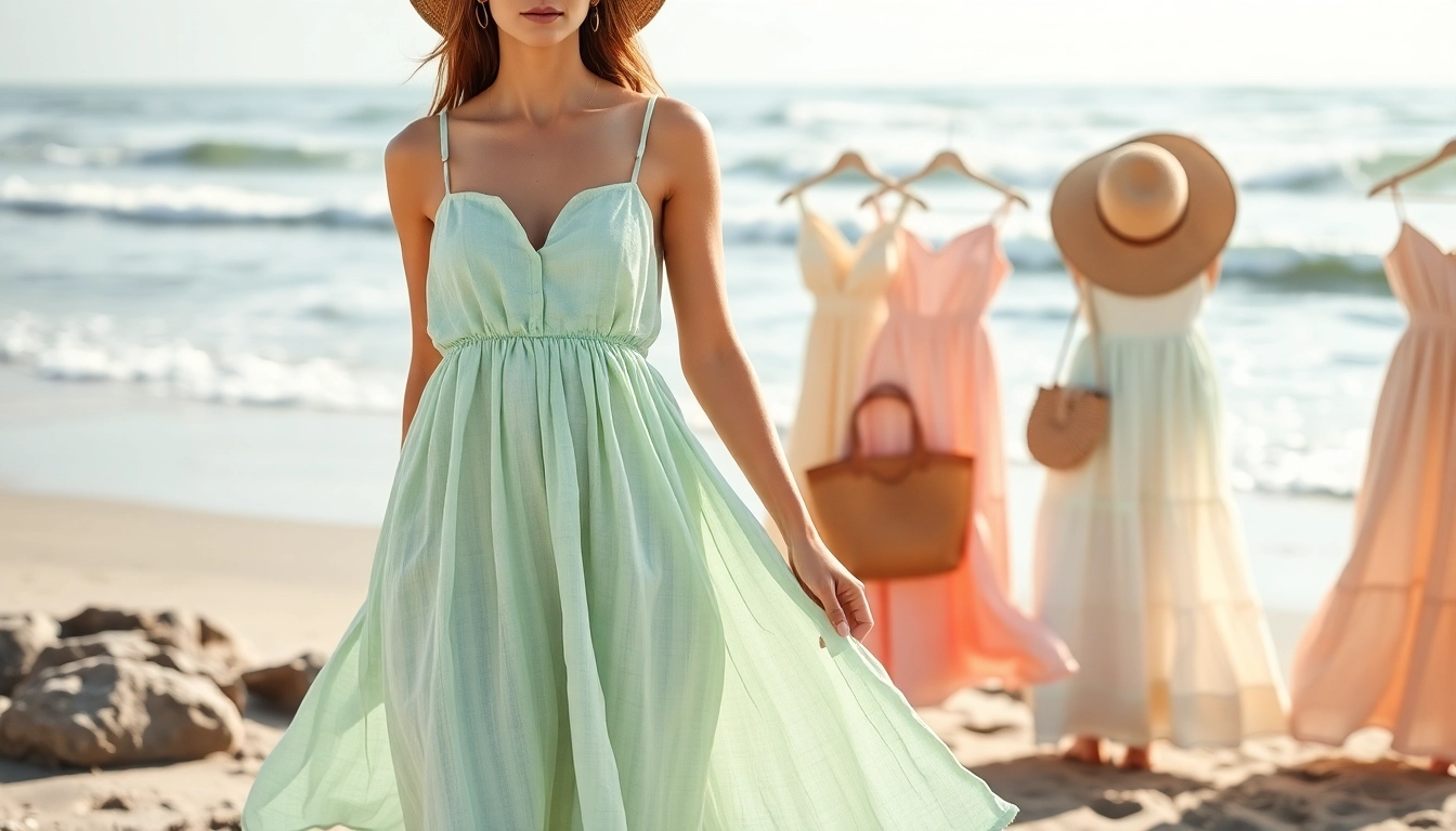 Model in stylish linnen jurken at the beach, showcasing elegance and comfort.