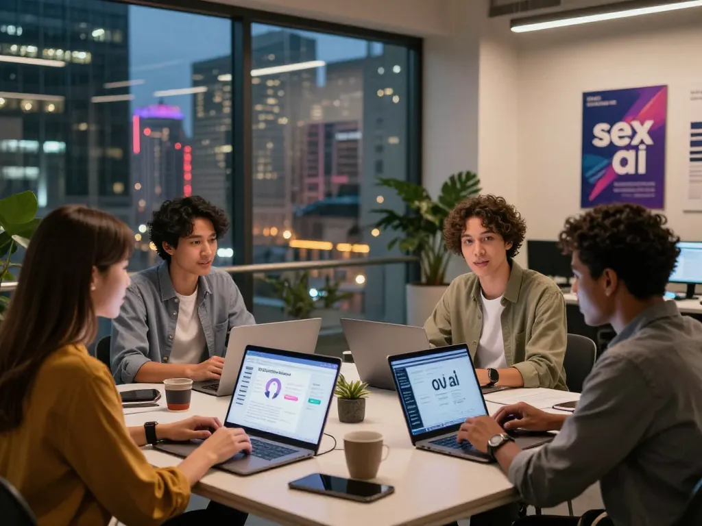 Collaboration among professionals discussing sex ai applications in a modern tech office.