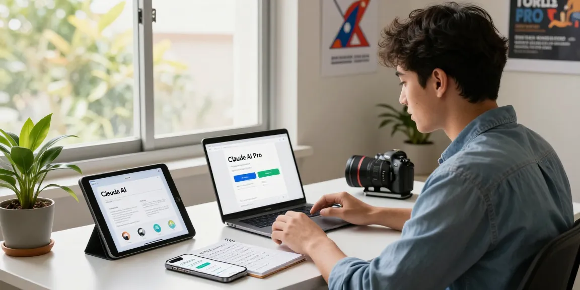 Engaging workspace showing a user ready to buy Claude AI Pro Subscription in Nepal, highlighting a modern desk setup with tech devices.