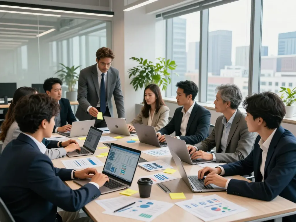 活気あるオフィス環境で戦略的計画と革新に焦点を当てる合同会社SUMXのチームコラボレーション。