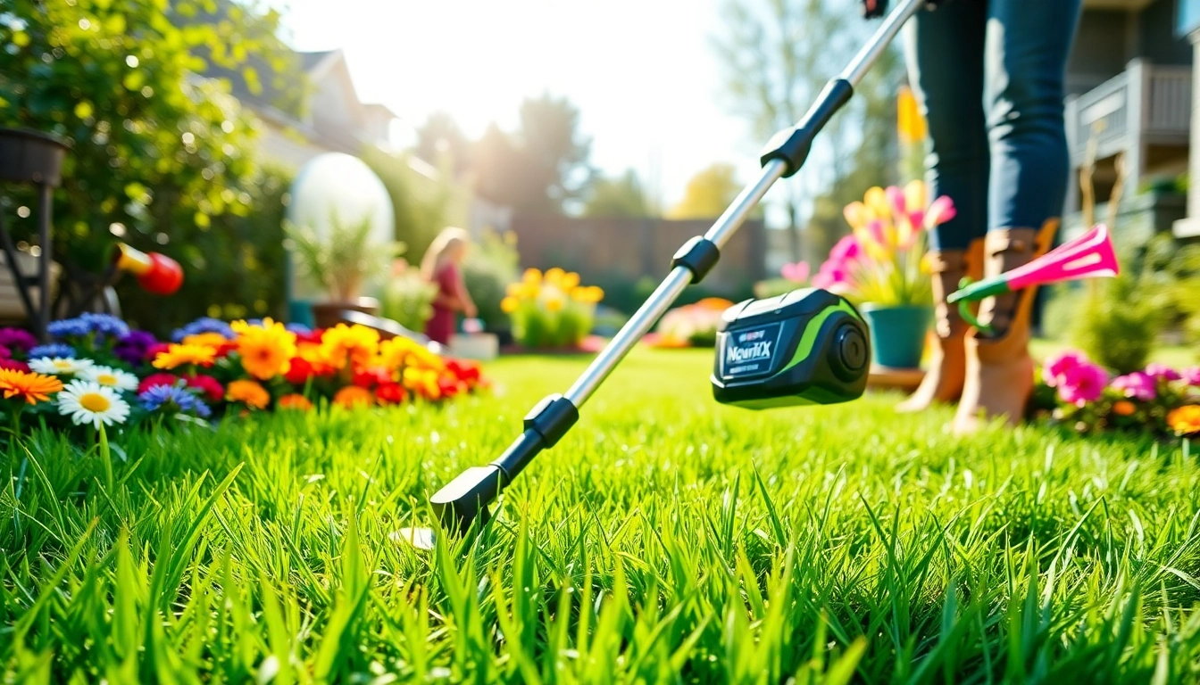 Experience the power of NovorikX outdoor equipment with a cordless string trimmer in a vibrant garden setting.