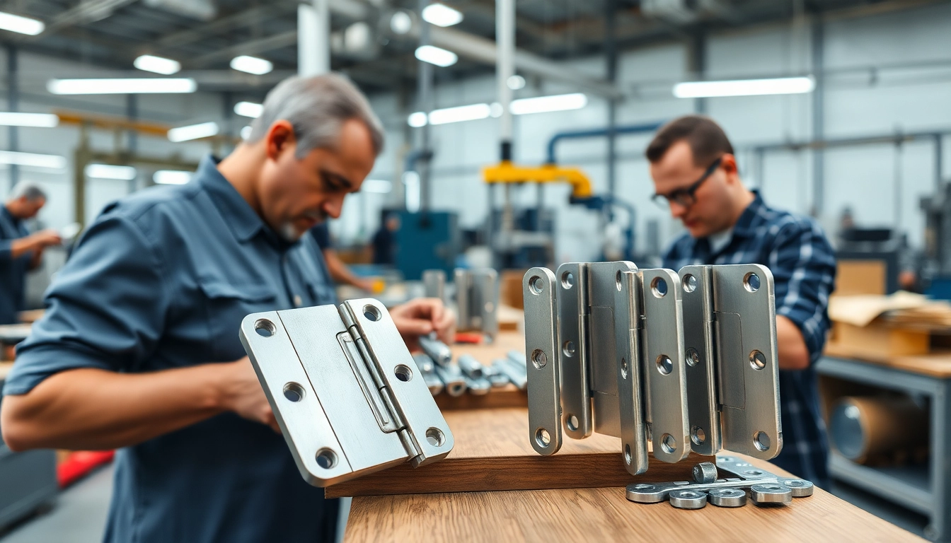 Cabinet Hinge Manufacturers assembling high-quality metal hinges in a bright factory setting.