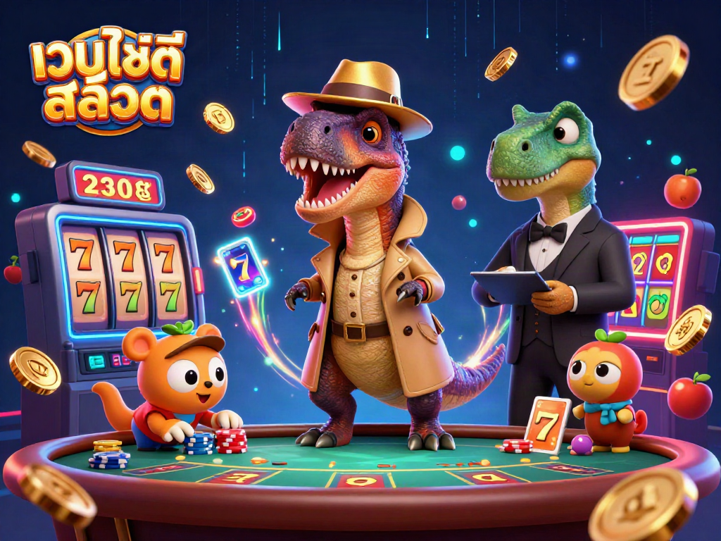Experience fun with slot games at เว็บไซต์สล็อต, featuring animated dinosaurs in a vibrant casino scene.