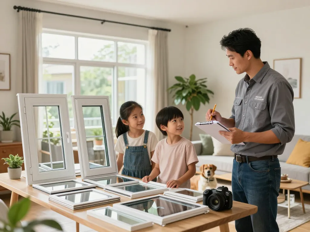 Window contractors consulting a family on energy-efficient window designs in a cozy living room