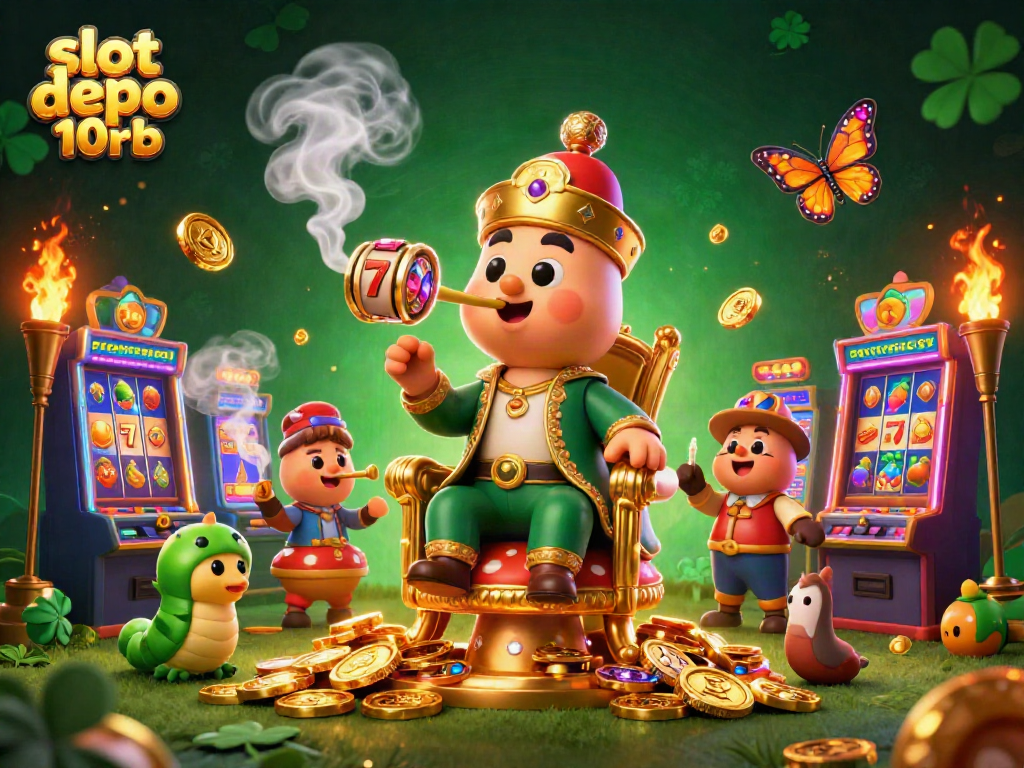 Spin to win with slot depo 10rb featuring vibrant slot machines and a magical caterpillar master!