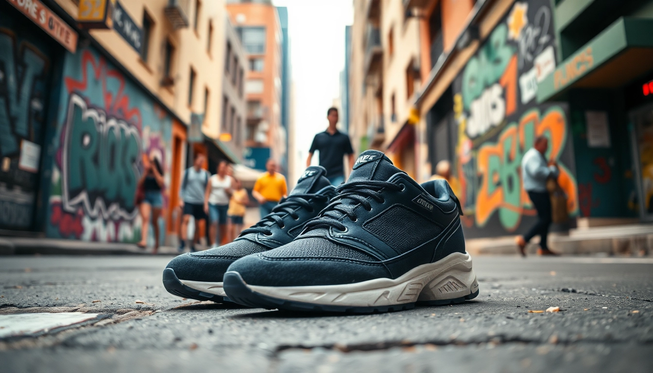 Stylish MV 88 shoes showcased prominently on an urban street with vibrant cityscape.