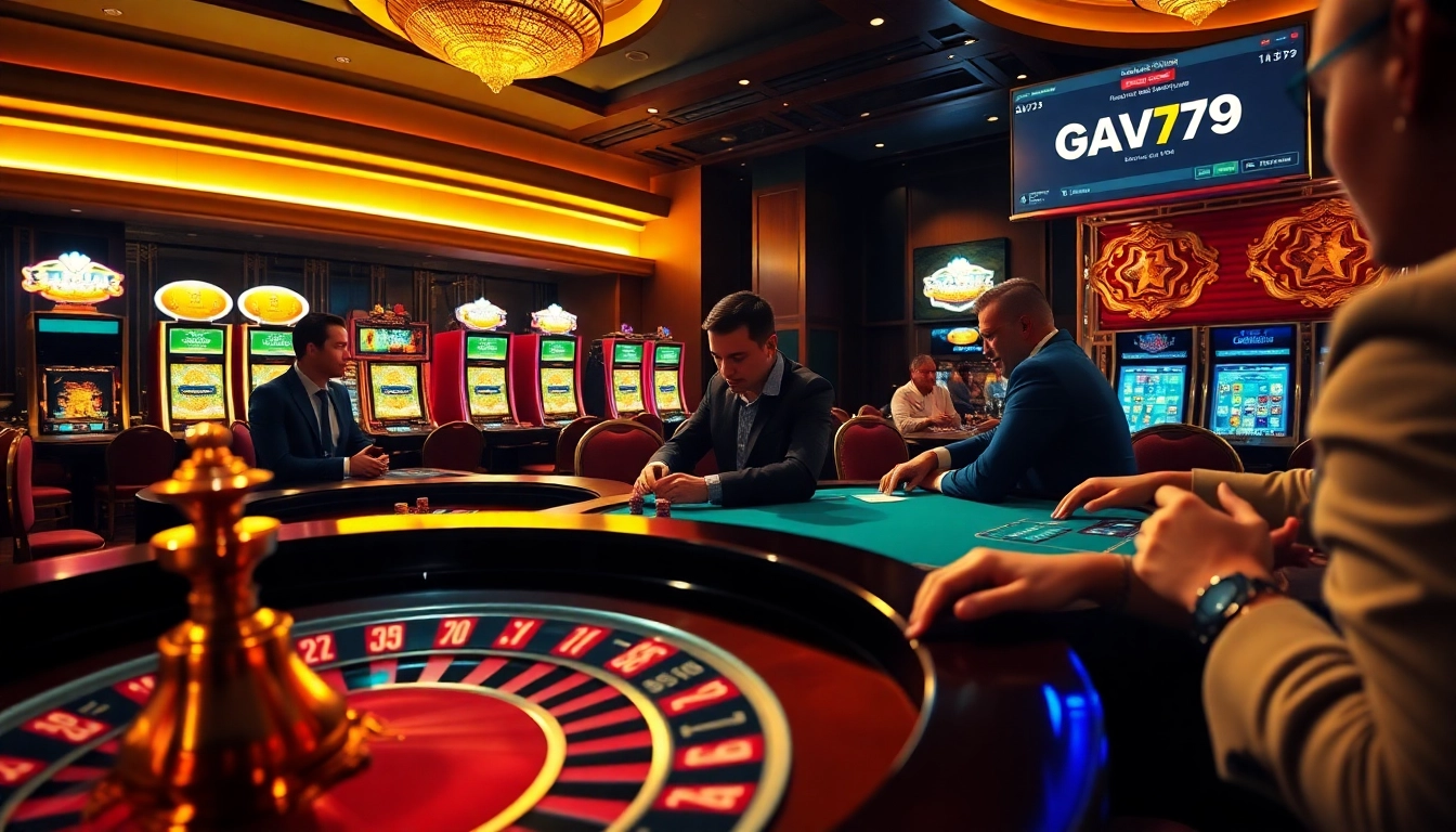 Engaging players at GAVB79 enjoying high-stakes poker and roulette in a luxurious casino environment.