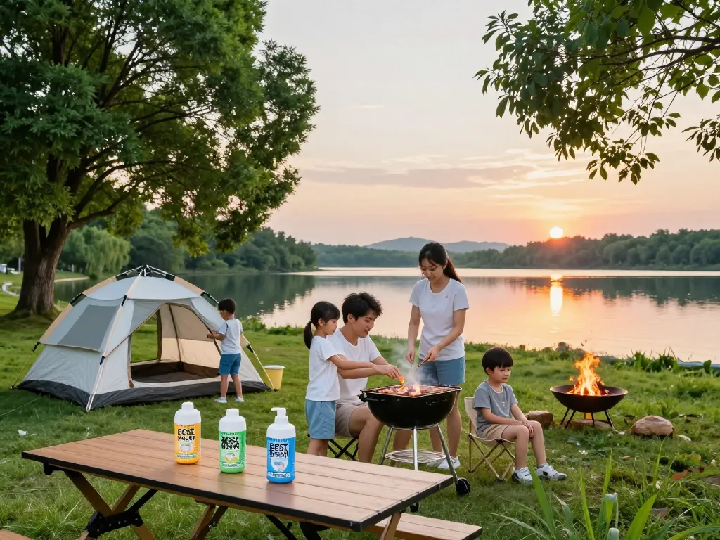 Family applying Best Mosquito Repellent while enjoying a lakeside barbecue during a summer evening.