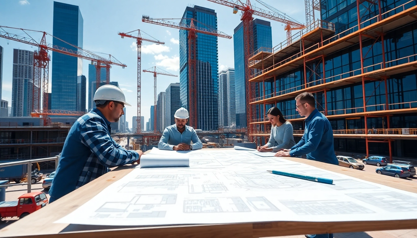 Building developer team collaborating over blueprints at a bustling construction site.
