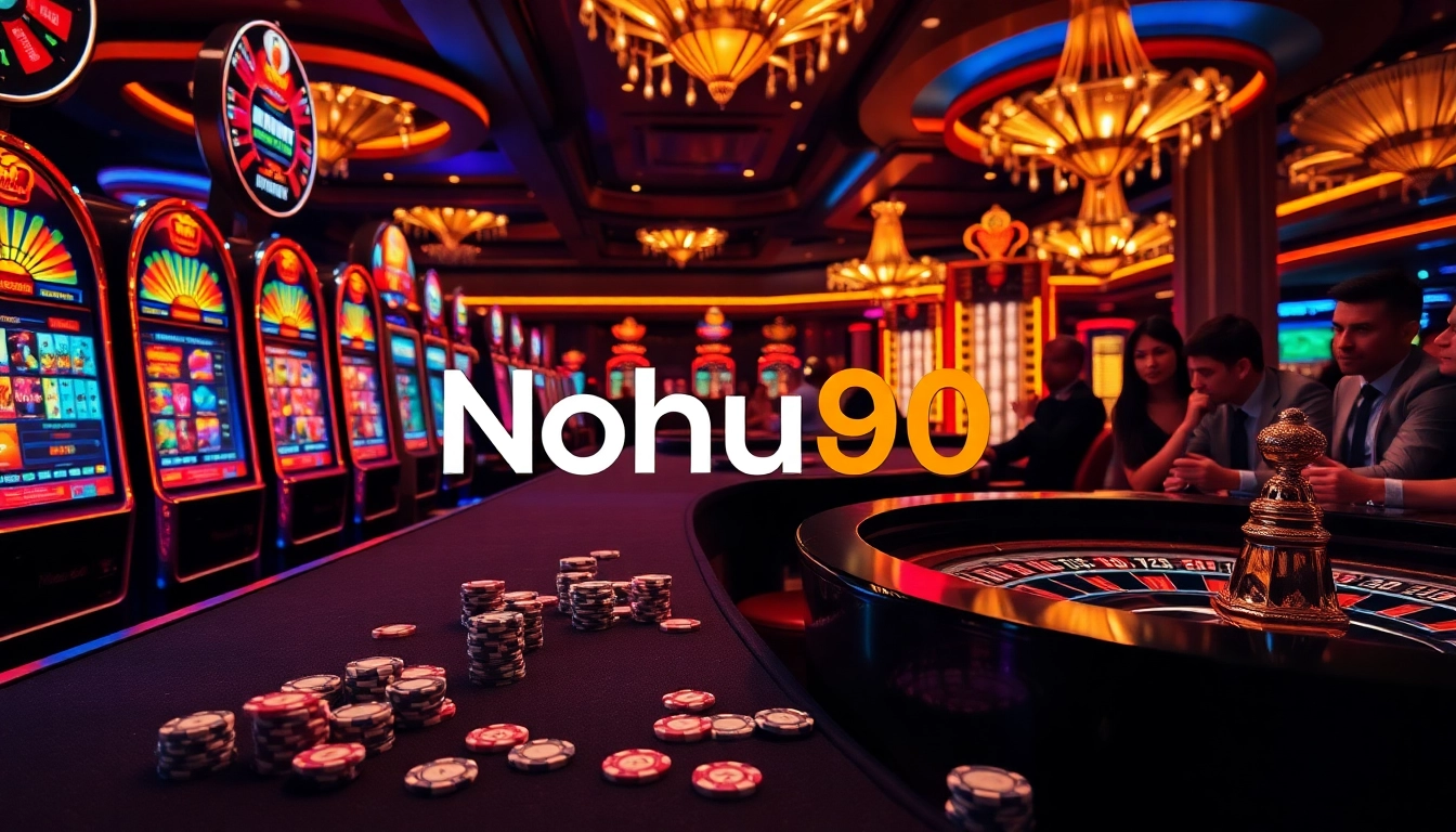 Nohu90 casino players enjoying exciting slot machines and roulette tables in a vibrant gaming environment.