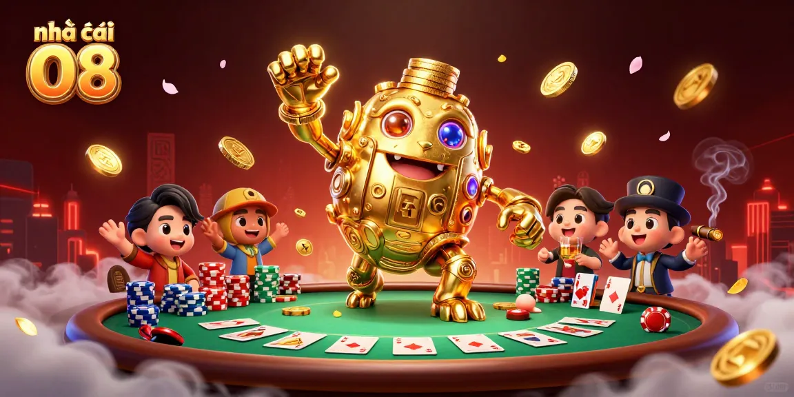 Engage with Nhà cái O8's thrilling poker experience featuring a golden coin golem, chips, and vibrant atmosphere.