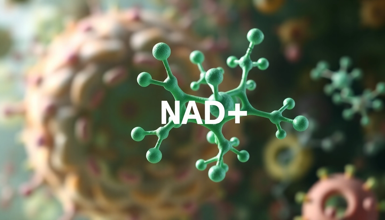 NAD+ molecular structure surrounded by cellular activity symbolizing metabolism.