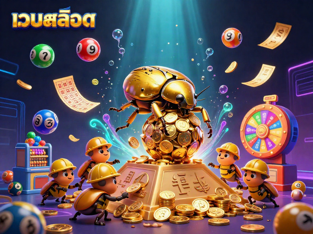 Experience the thrill of เว็บสล็อต with a golden dung beetle rolling coins, surrounded by dynamic lottery elements.