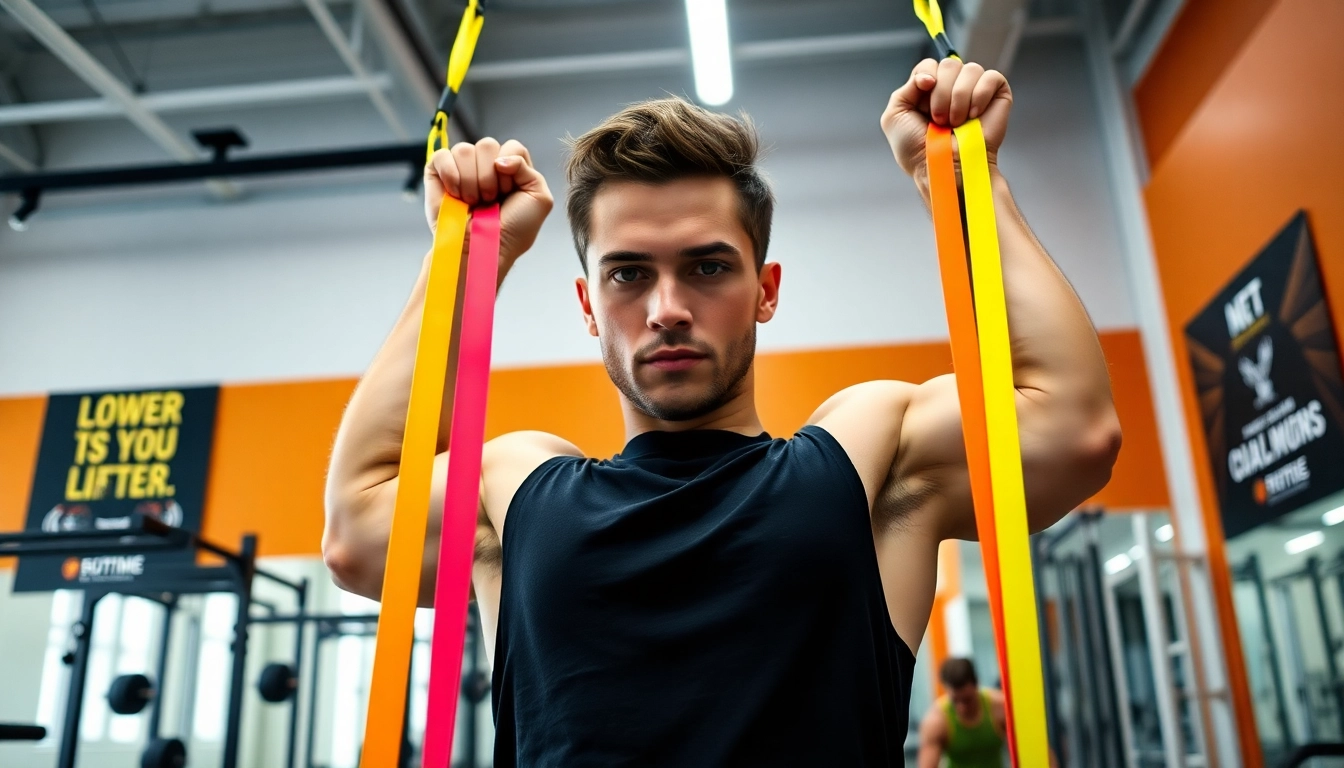 Individual using assisted pull-up bands in a gym, showcasing strength training.
