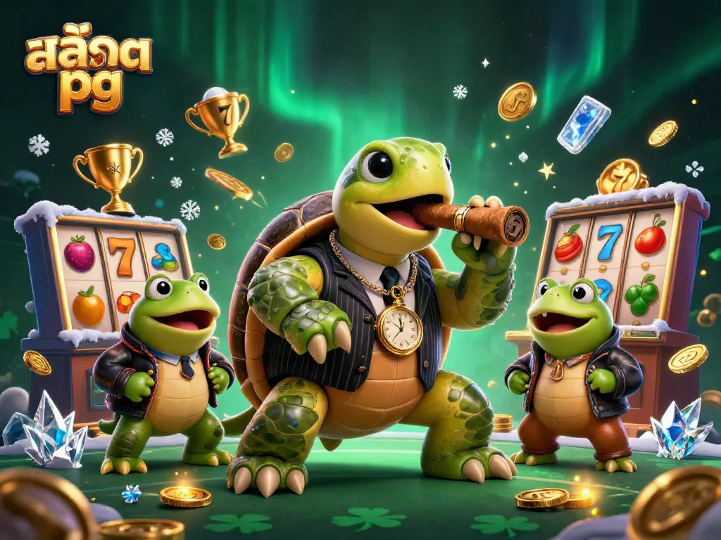 Engage with สล็อต pg in an ultra-detailed casino scene showcasing vibrant slot machine elements and playful characters.