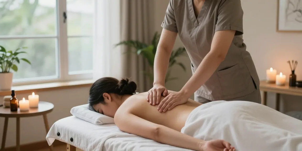 마사지 치료 중 편안한 고객과 아로마 오일이 있는 공간