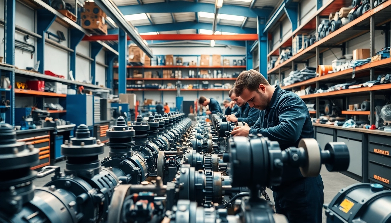 Technicians performing hydraulic pump services in a professional workshop setting.