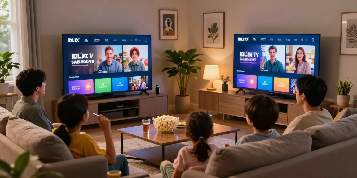 Family enjoying idlix tv on a smart TV in a cozy living room.