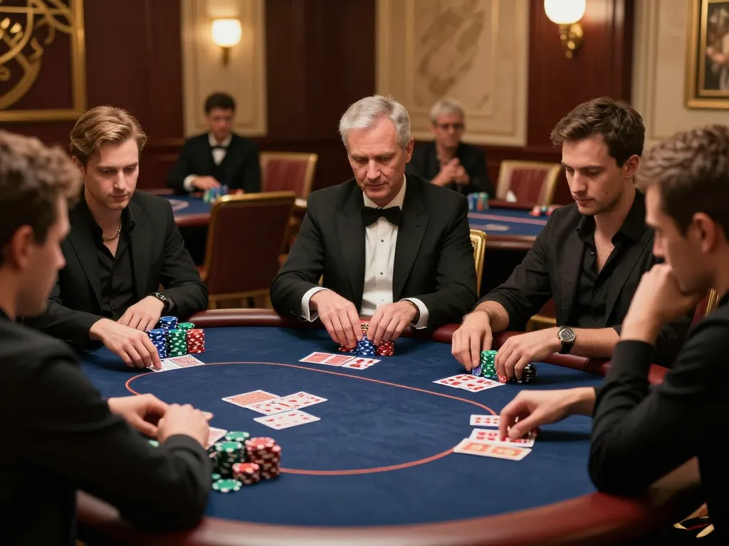 Players strategizing at a high-stakes poker table in 888vi casino, showcasing intense gameplay.