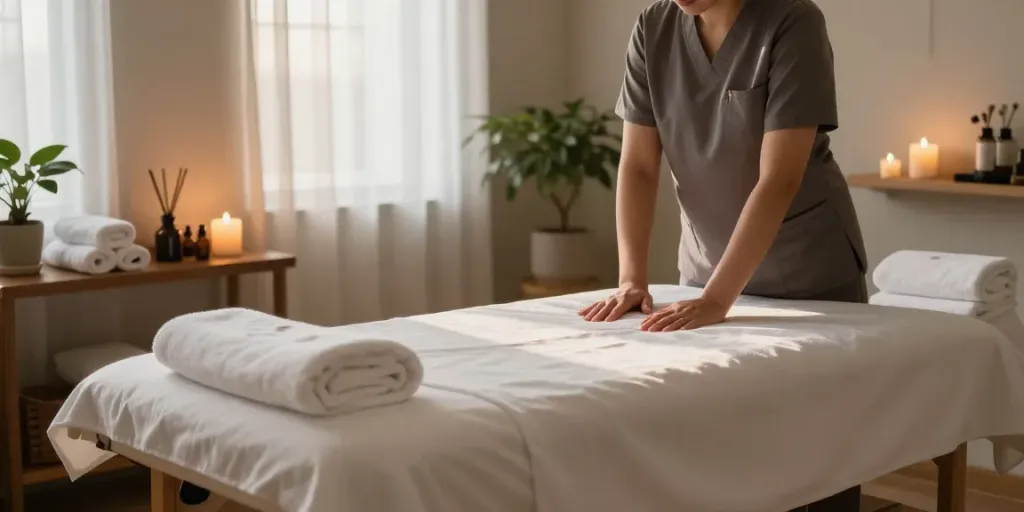 Experience relaxing 계산동출장마사지 in a serene therapy room with candles and aromatherapy oils