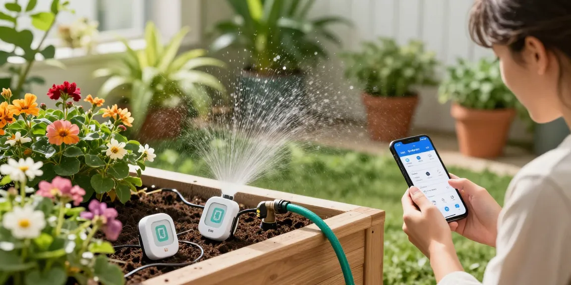 Using rainpoint wifi water timer for efficient plant watering in a vibrant home garden.