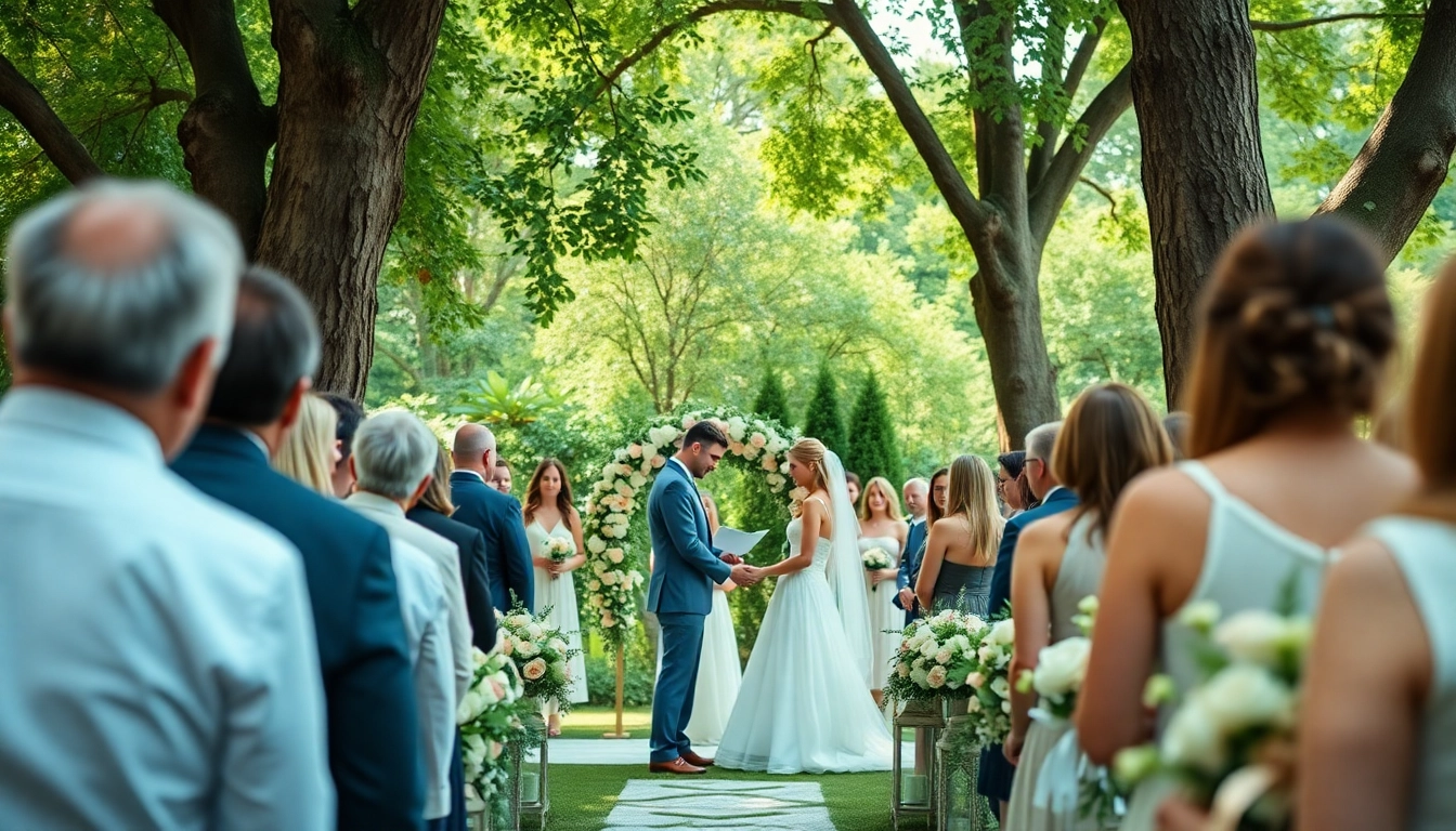 Wedding photographer capturing a bride and groom during an outdoor ceremony in a dreamy garden setting.