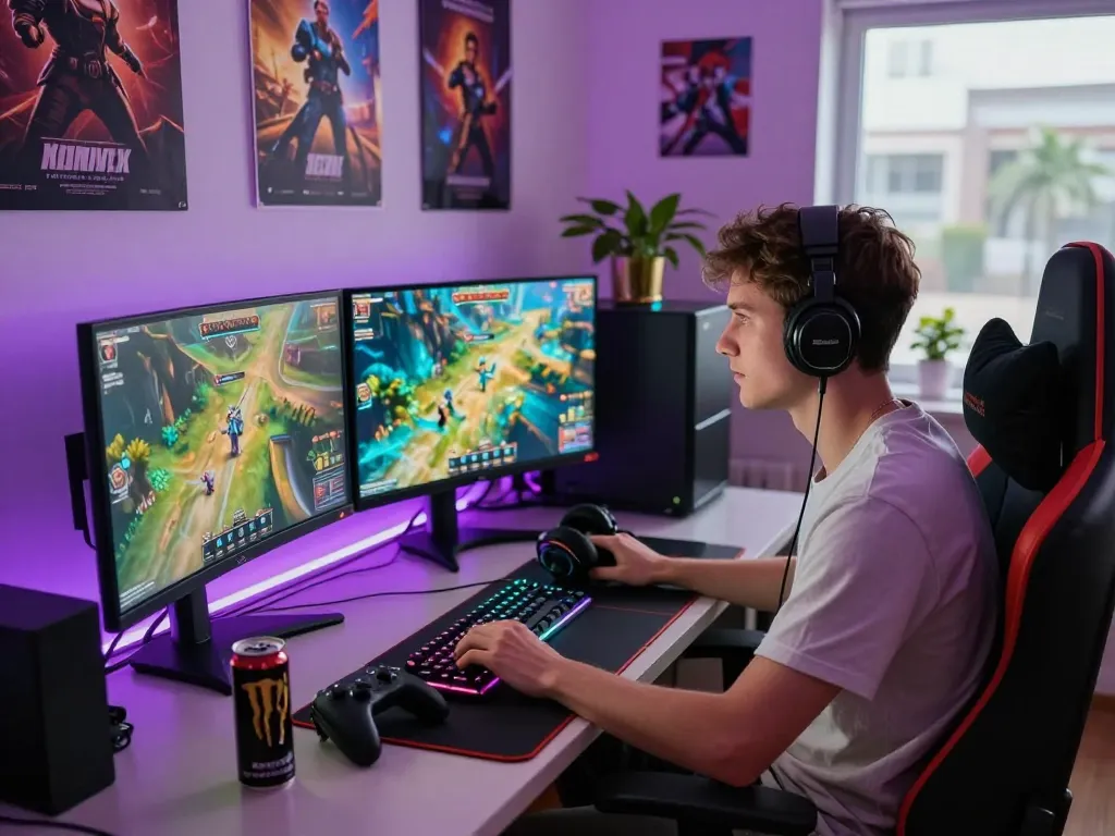 Dynamic gaming workspace at ligasedayu.com featuring vibrant monitors, gaming setup, and ambient lighting.