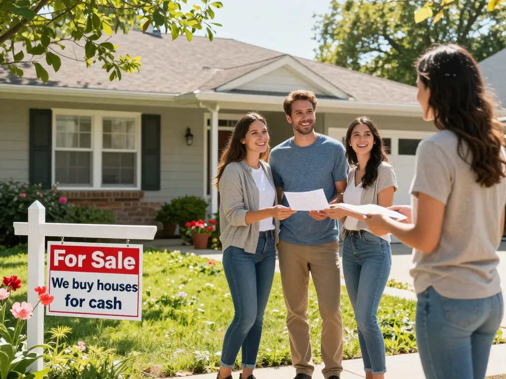 Couple and cash buyer engaging in a cheerful home sale, showcasing "We buy houses for cash" in a welcoming neighborhood.