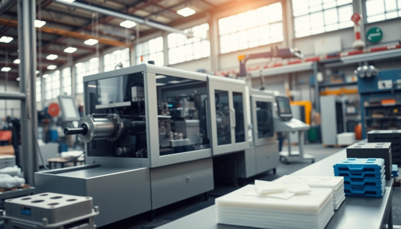 Showcase an injection molding machine in action within a modern factory setup, emphasizing its advanced features.