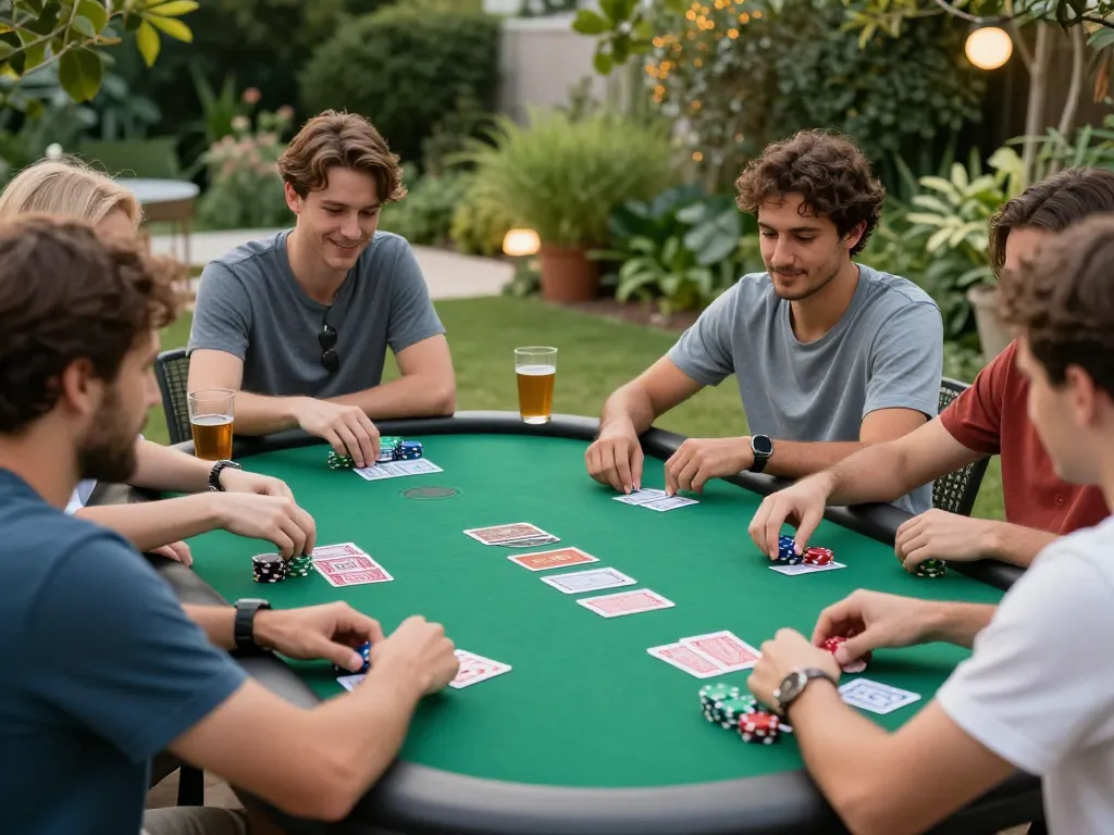 Players enjoying poker at outdoor table, showcasing kp88's friendly atmosphere for new gamblers.