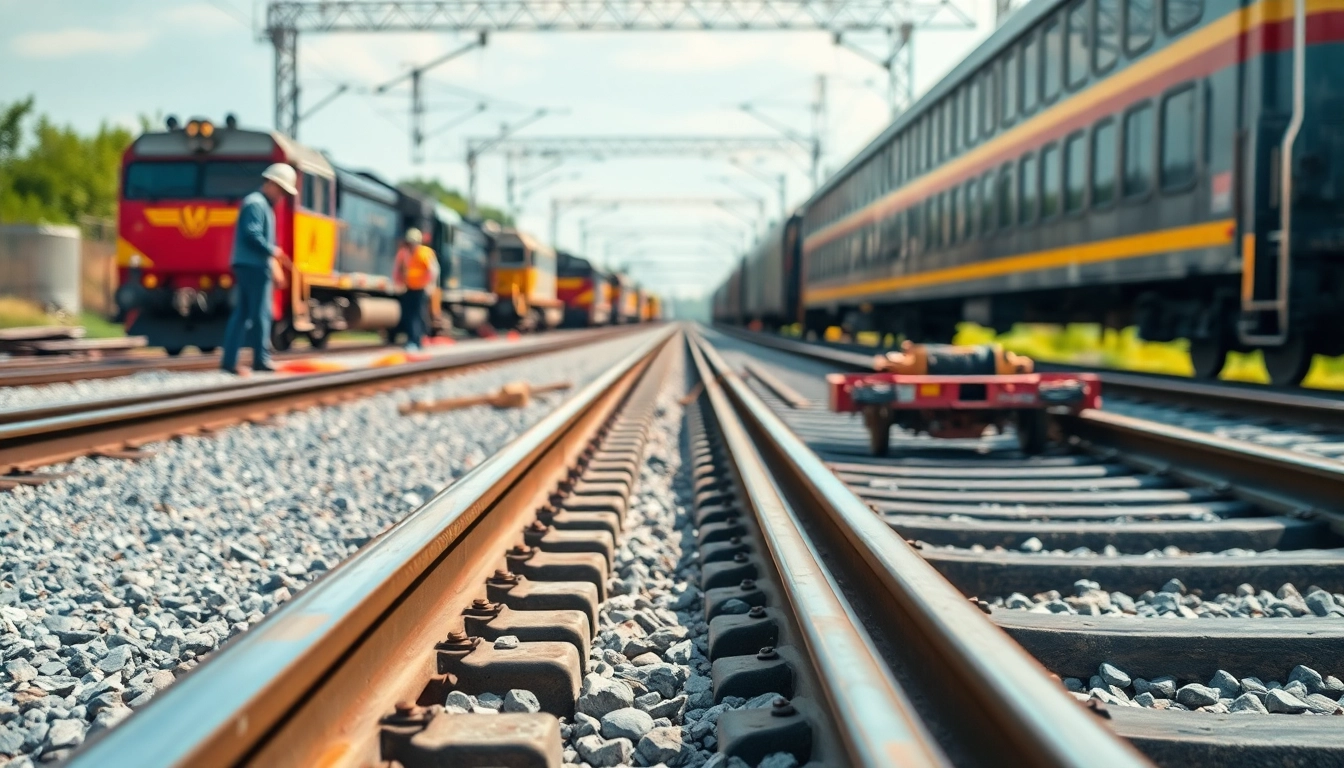 Workers installing tracks in a railroad construction site with machinery and tools surrounding them.
