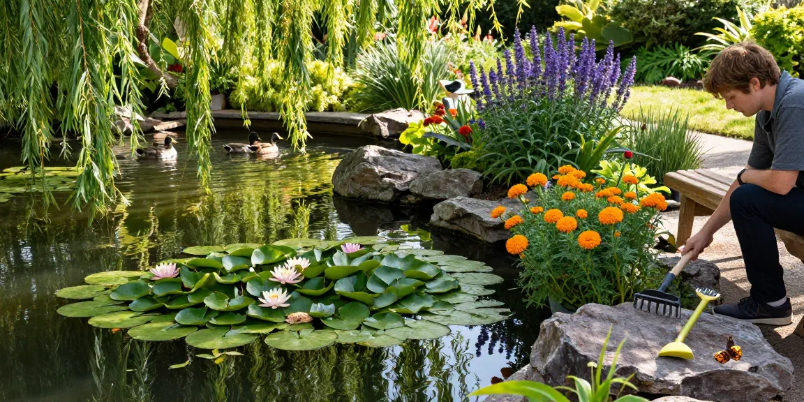 British Pond Plants thriving in a serene garden pond, with vibrant lilies and peaceful surroundings.
